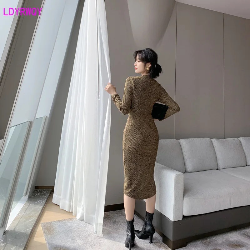 autumn and winter new Korean women's sexy V-neck long-sleeved pleated Slim thin irregular fork arm dress
