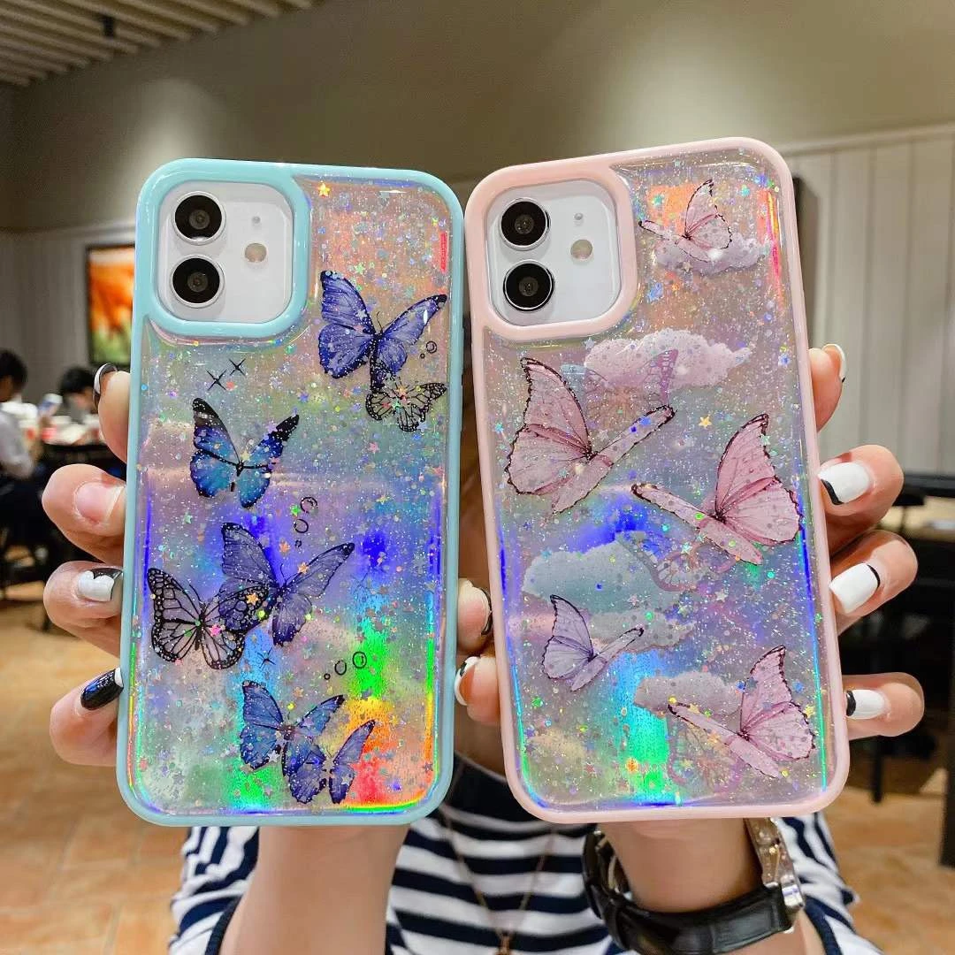 Cute Laser Card Butterfly Phone Case For Iphone 12 13 11 Pro Max Xs Max Xr 7 8 Plus Pink Purple Glitter Soft Clear Tpu Cover Mobile Phone Cases Covers Aliexpress
