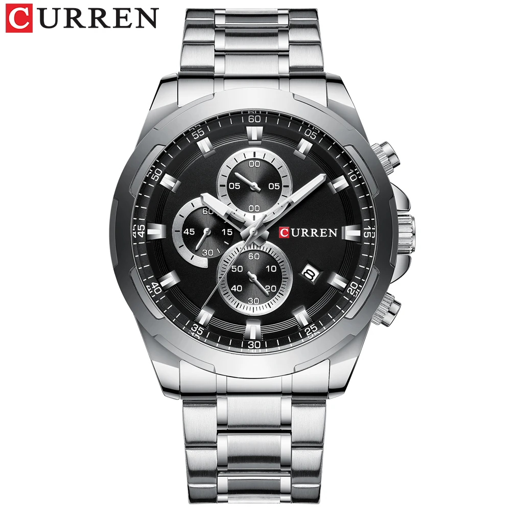 sliver black CURREN бренд хронограф мужские наручные часы модные спортивные часы роскошные часы из нержавеющей стали мужские водонепроницаемые наручные часы - Цвет: sliver black