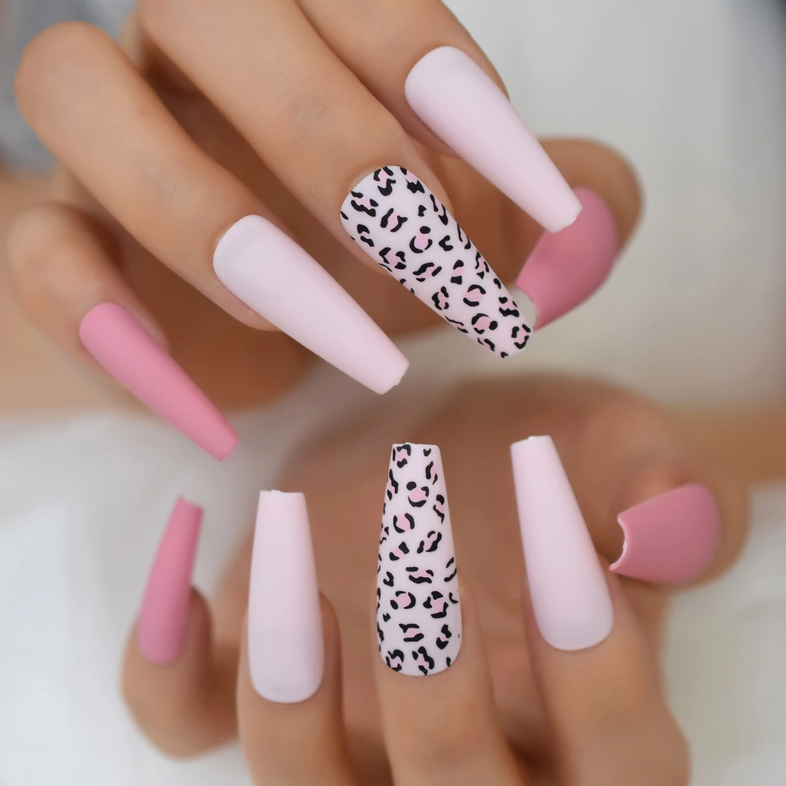 Super Long Ballerina Fake Nails Colored With Designs Leopard Pattern Matte False Pink Nails Press On Coffin Square Nail Tips False Nails Aliexpress