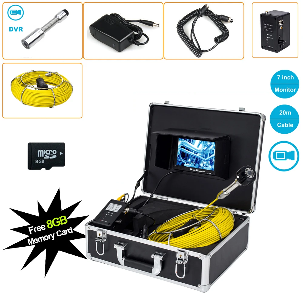 

23mm 20-50m Cable 7" LCD DVR Recorder Industrial Pipe Inspection Sewer Drain Endoscope Video Camera System 12V4500mAh Batttery