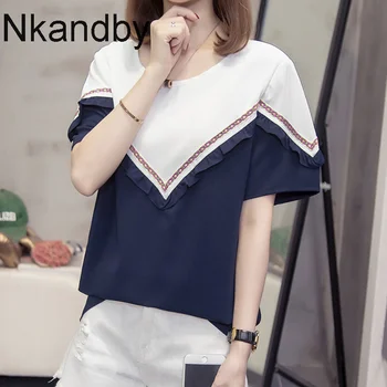 

Plus Size Patchwork Blouses Women 2020 Autumn Fashion Ruffles Loose Short Sleeve Ladies Top Blusas Oversize Female Korean Shirts
