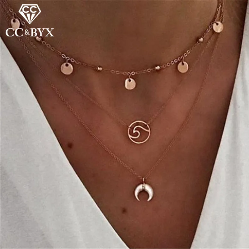 CC Necklace Women Gold 3pcs sets Chain Pendant Choker Moon Shape Fashion Jewelry Alloy Statement Necklaces Dropshipping YH153 | Украшения и