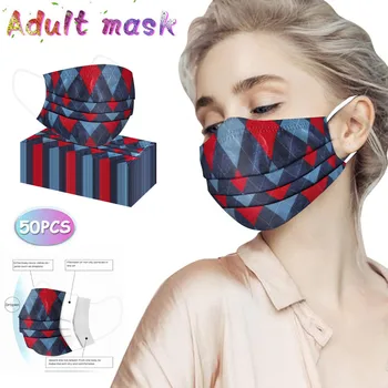 

50pc Adult Color Block Print Mask Three Layer Breathable Facemask Disposable Protection Mouth Covering Ear Hook Mascarillas