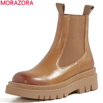 

MORAZORA 2020 New genuine leather boots square heels round toe Chelsea boots ladies shoes autumn winter ankle boots women