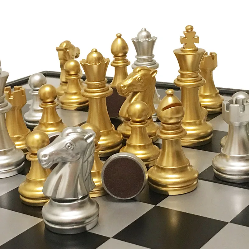 Wooden Chess Table Game with Silver Golden Chess Pieces Plastic Travel Set 25/32/36 CM Folding Chessboard Children Gift