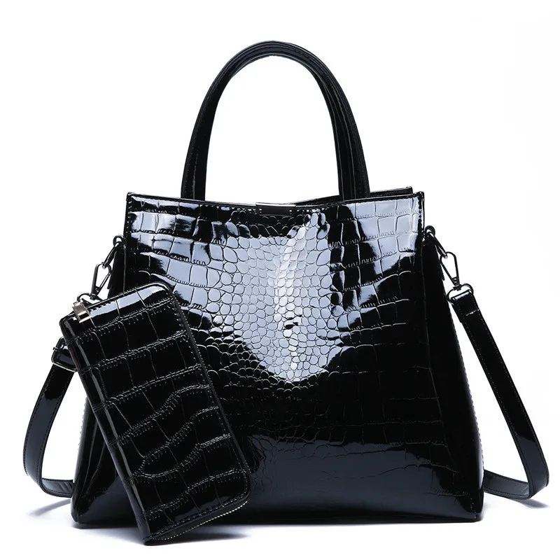 black toteBag Wallet Роскошные сумки, женские сумки, дизайнерская женская сумка, черная, красная, лакированная кожа, женские кошельки и сумочки, набор, Большая вместительная сумка на плечо - Цвет: black toteBag Wallet