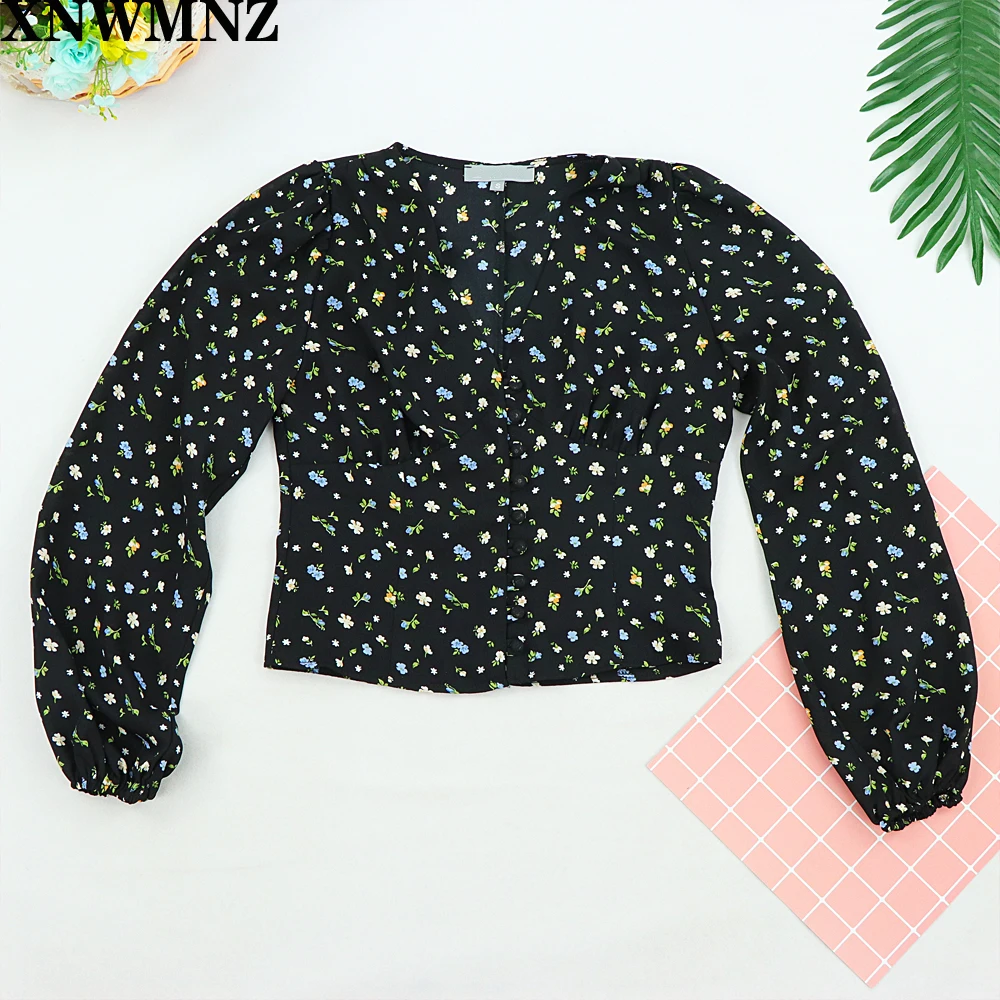 

2020 Vintage casual v-neck women tops Floral Print women clothing black blouse women long sleeve shirts women Elegant za shirt