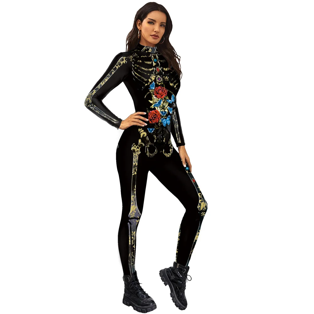 FCCEXIO Adult Halloween Cosplay Costumes Skeleton 3D Printing Bodysuits Women Sexy Slim Elastic Jumpsuit Long Sleeve Catsuit