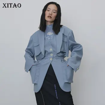 

XITAO Hollowed Large Pocket Jacket Women Bandage Layering Fake Two Pieces Tooling Coat Women Fashion Autumn Top Women XJ2280