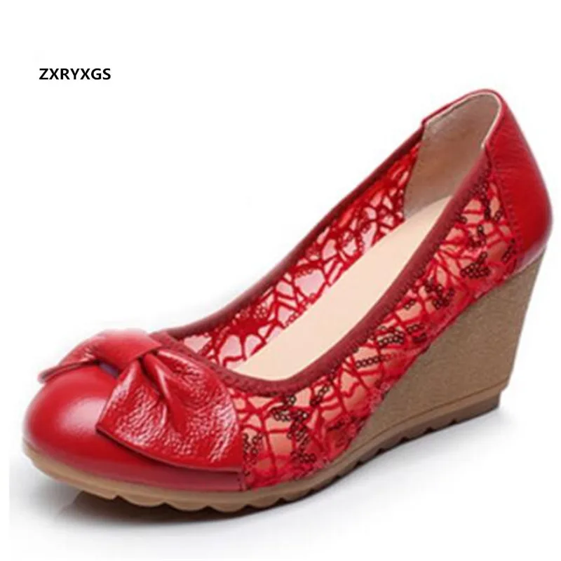 

2022 New Top Soft Cowhide Lace Splice Women High-heeled Shoes Fashion Sandals Elegance Bow Summer Wedge Sandals Women's Shoes
