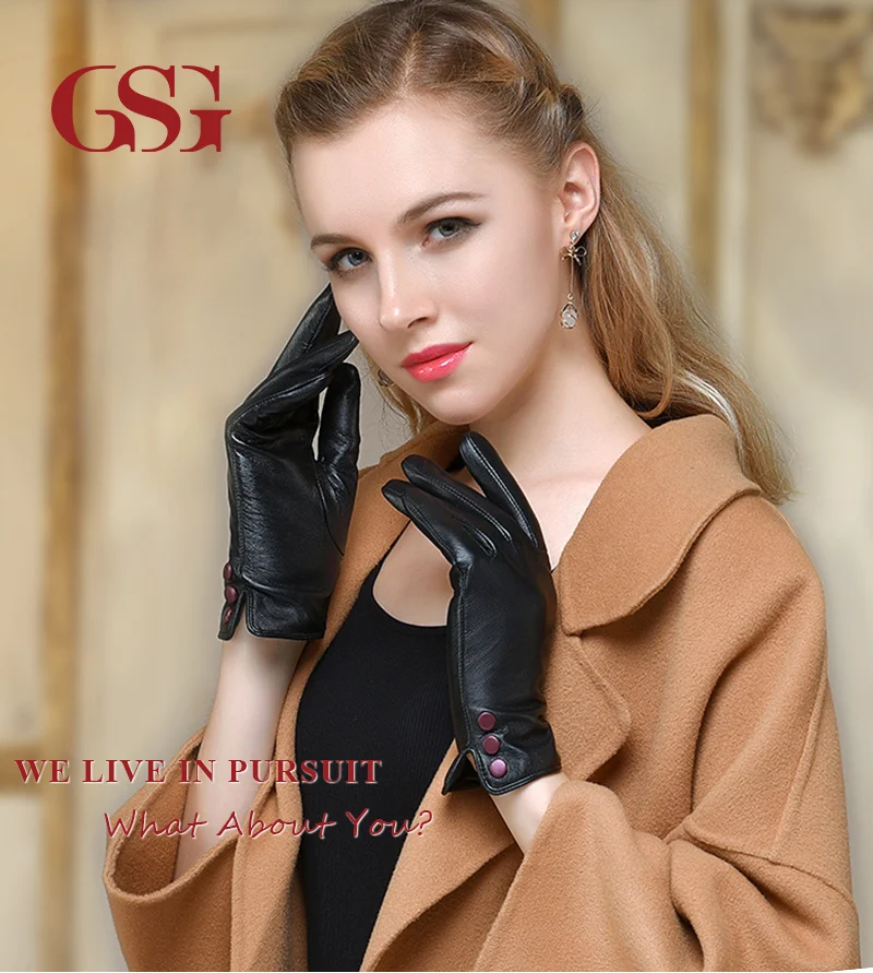 GSG зимние женские перчатки из натуральной кожи, женские мягкие кожаные перчатки из овчины с сенсорным экраном, черные теплые перчатки с подкладкой