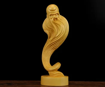 

6.7" Chinese Box-wood Hand-carved Taoism Long Beard Longevity God Old Man Statue