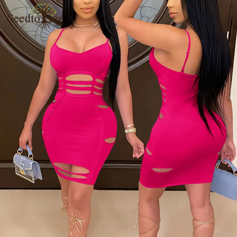 Sexy Cutout Spaghetti Strap Bodycon Summer Dress Women Hallow Out Solid Midi | Женская одежда