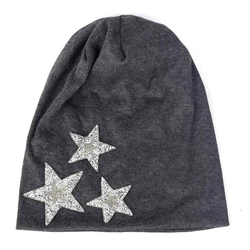Silver Darkgray Charmwood для женщин зимние громоздкие Skullies шапочки со звездами Стразы хлопковые шапки для дам женские модные мешковатые однотонные кепки - Цвет: Silver Darkgray