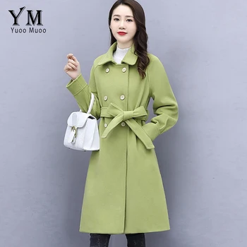 

YuooMuoo Chic Women Coat Autumn Winter 2019 Turn Down Collar Wool Jacket Girl Long Sleeve Outwear Green Jacket casaco feminino