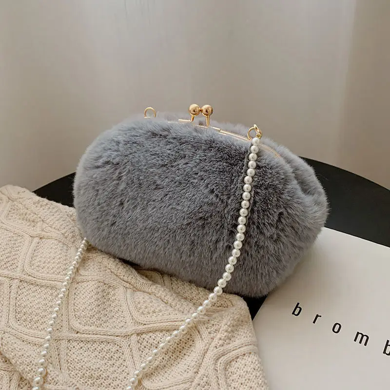 

Grey Women Lady Faux Fur Single Shoulder Bag Winter Pearl Belt Trendy Furry Plush Casual Vogue Korean Japan UK Girl Bags Bols