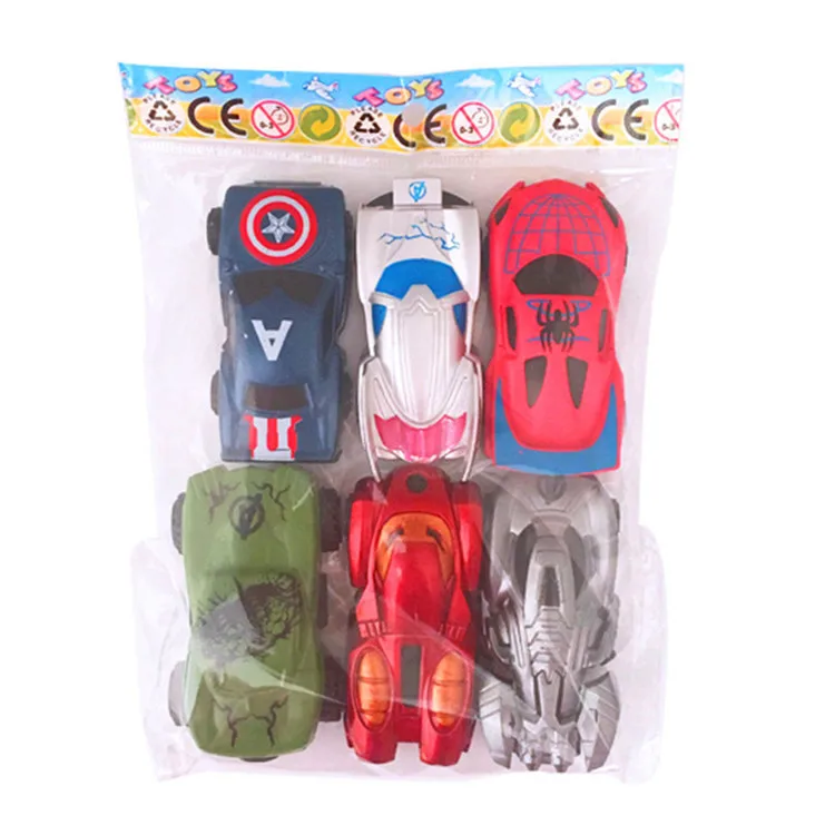 6 Pcs/Set The Avengers Chariot Set Iron Hulk Loki Spider-man 1:64 Diecast Plastic Car Model Toy Suit For Children Gifts