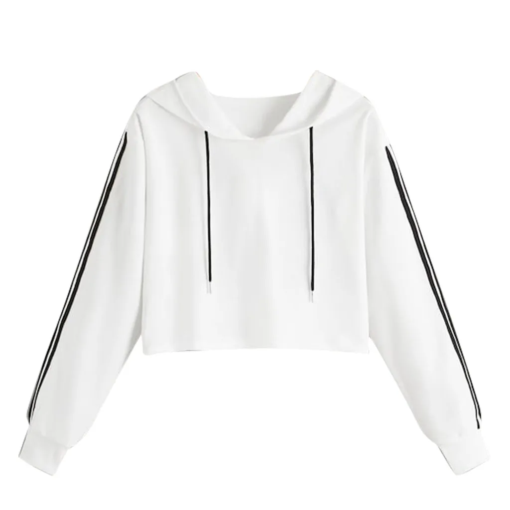 

CHAMSGEND women's hoodies sweatshirts off white kpop Long Sleeve striped splice Casual Pullover Hooded Short streetwear F724