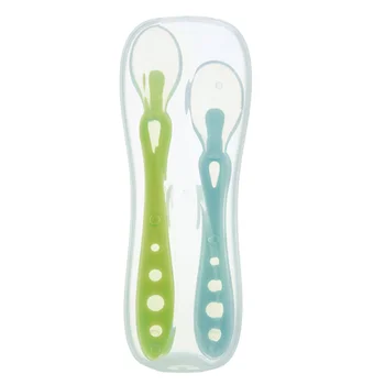 

2 Pcs/1 Set Childrens Spoon Cutlery Baby Silicone Soft Feeding Tableware for Baby Use (Blue/Green)