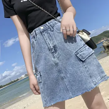 

Large Pocket Denim Skirt Women 2020 Summer High Waist Hong Kong Style Wild Loose A-line Skirt