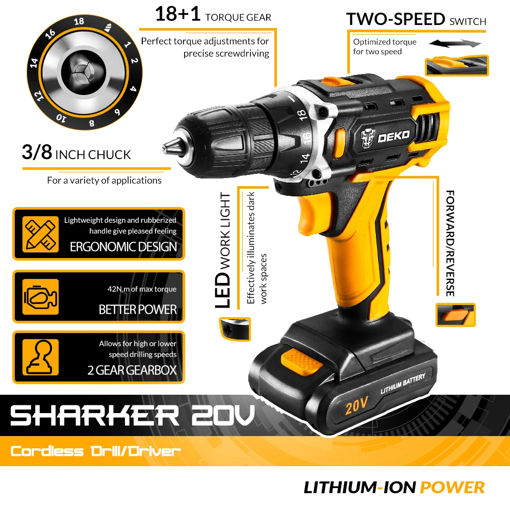 DEKO New Sharker 20V DC Electric Screwdriver with Lithium Ion Battery Pack Cordless Drill for Home DIY Mini Wireless Power Tool DEKO New Sharker 20V DC Electric Screwdriver with Lithium Ion Battery Pack Cordless Drill for Home DIY Mini Wireless Power Tool