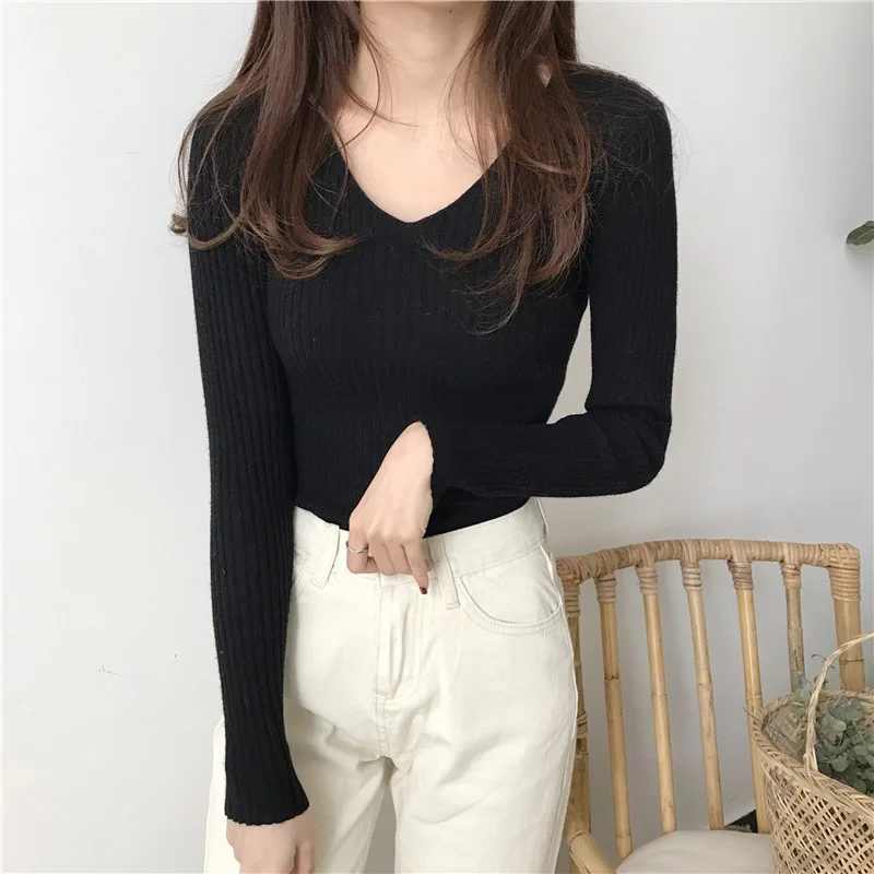 

Anbenser Autumn Women's Sweater Slim Fit Soft Long Sleeve V-Neck Knit Pullover Sexy Slim Stretch Black Jumper Pullover Sweaters