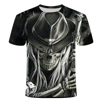 

New T-shirt Skull T-shirt Men's Skull Print Flame Funny T-shirt Punk Anime Clothes Black T-shirt 3D Printing Men's Short Sleeve