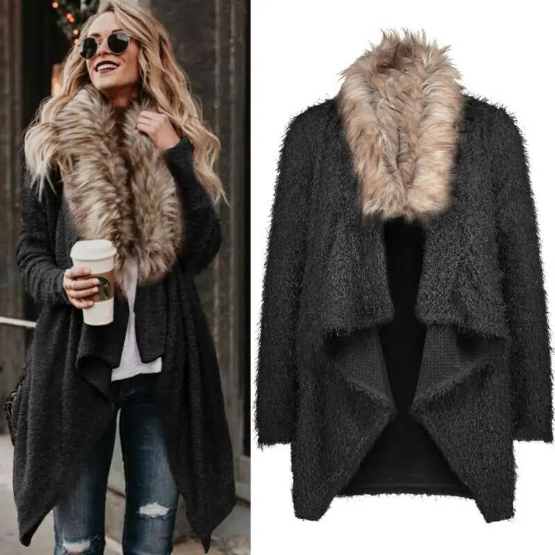 Большой размер, женский свитер с длинным рукавом, кардиган, мех, Женский вязаный однотонный зимний теплый свитер, джемпер, кардиган, верхняя одежда, пальто, свитер