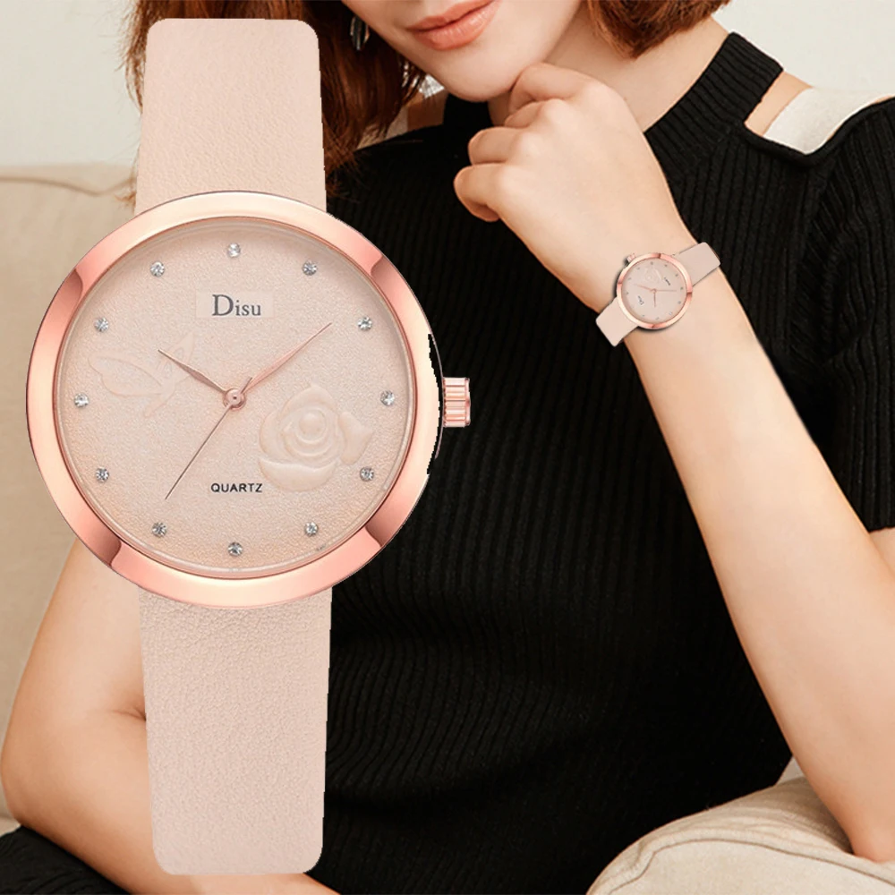 Новые модные женские часы с кожаным ремешком и бриллиантами, простые креативные повседневные женские часы с маленьким циферблатом и цветочным узором, reloj mujer