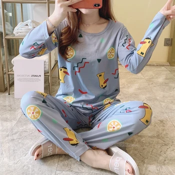 

Cute Pijama Set Woman 100% Cotton Cartoon Top Plaid Pant Sleepwear Nighty Female Casual Autumn Winter Pajamas Sets