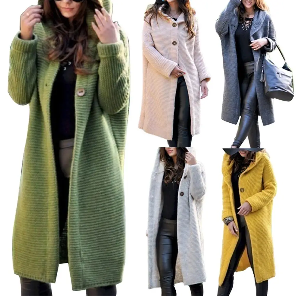 New Arrival Women Autumn Winter Solid Color Button Cardigan Sweater Midi Hooded Coat Outwear