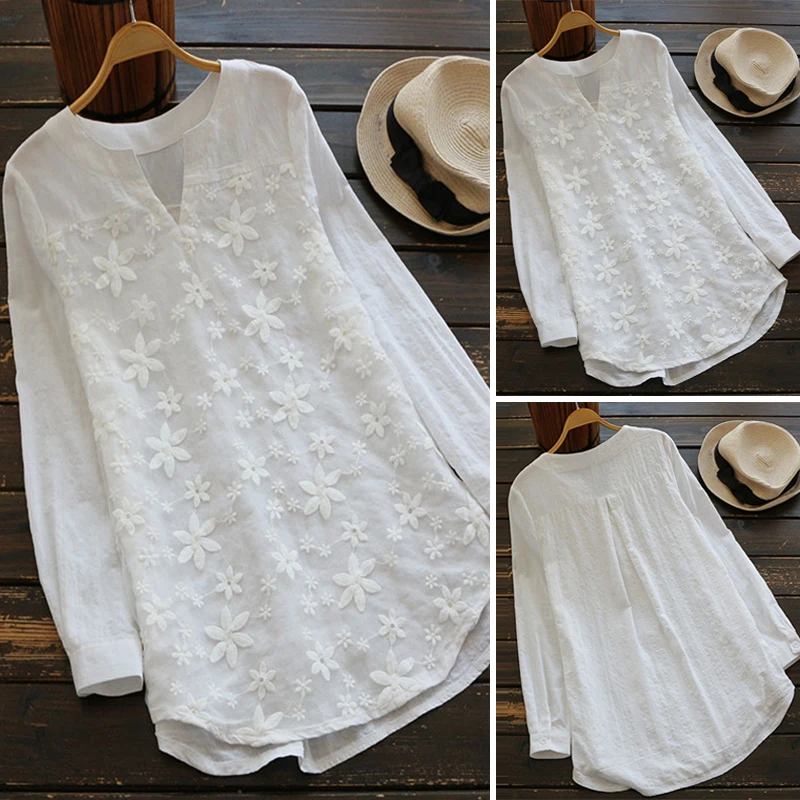  2019 Summer Autumn Hot Blouse Women Lace Long Sleeve Tops V Neck Embroidery Loose Plus Size S-5XL E