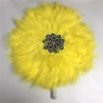 

3pcs African Yellow Turkey Feather Hand Fan Handmade Fans for Wedding Decoration Hand Fan with Stone Double-sided Feather Fan-30