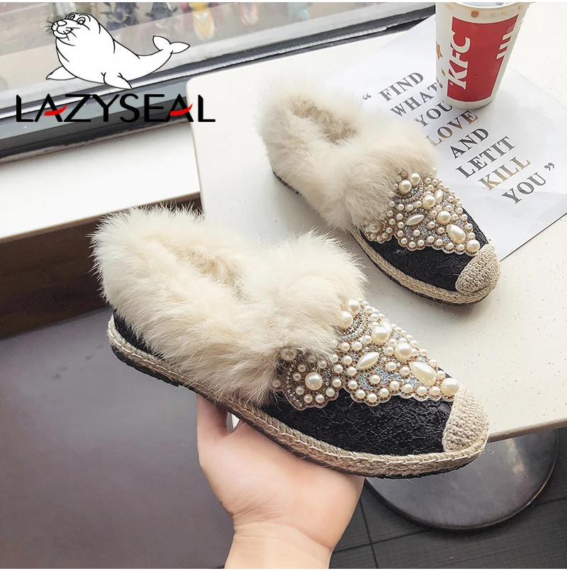LazySeal/ г. Зимняя женская обувь на натуральном меху женские ботинки с бусинами на плоской подошве