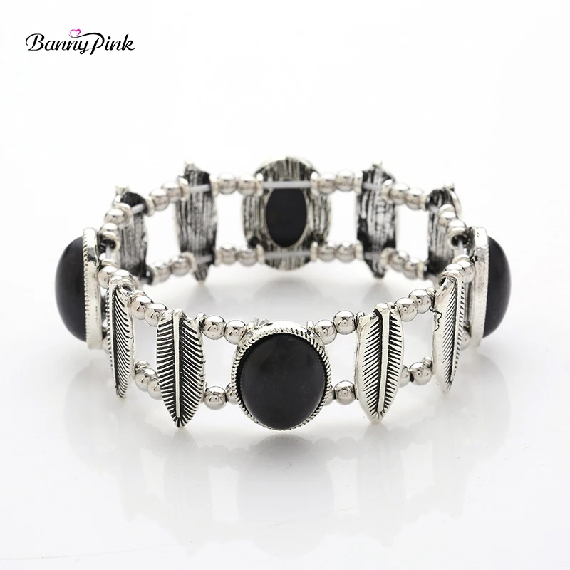 Banny Pink Handmade Metal Leaf Charms Elastic Bangle Bracelet For Lovers Vintage Geo Stone Statement Wristband Bangle Pulseras