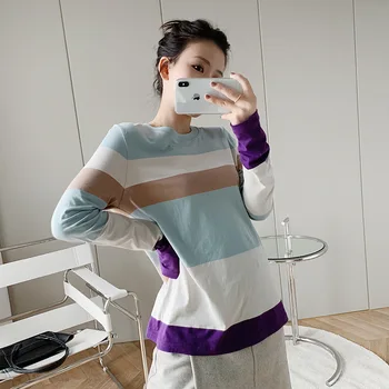 

2020 Spring Color Stripe Thin Long Sleeve Cotton Women T-shirt A3