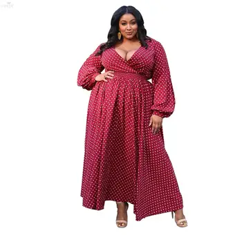 

Womens Dresses 2020 Winter Maxi Dress V Neck Puff Sleeve Loose Sexy Dress Night Clubwear Party Plus Size Bodycon Dot Print Dress