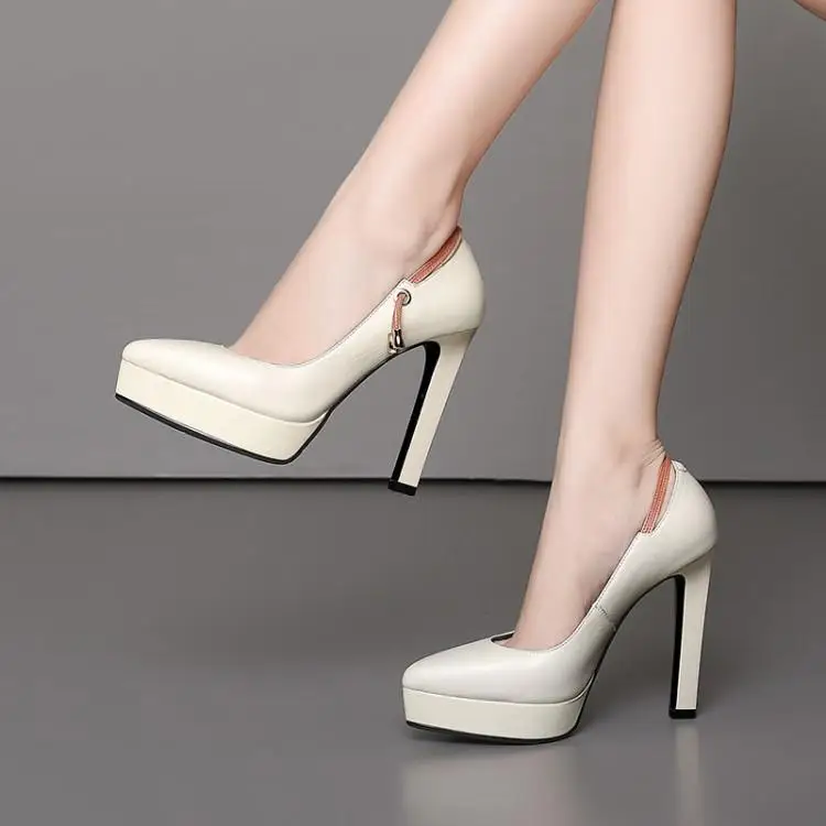 

Shallow single shoe female spring and autumn high heels waterproof platform fine heel professional top layer cowhide 11.5cm