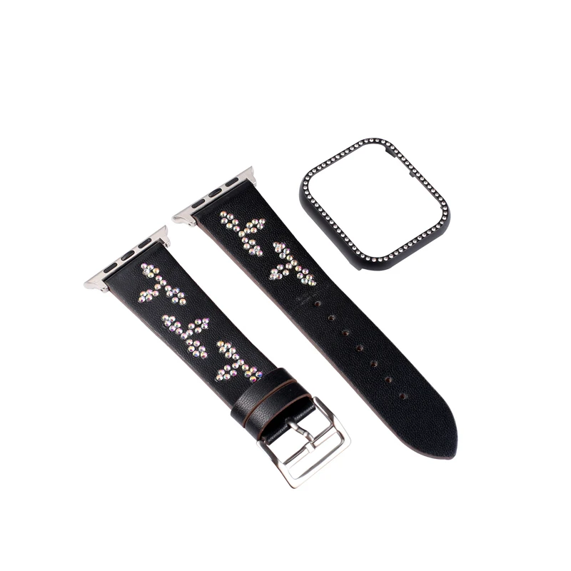 Black suit Ремешок для Apple watch band 5, 4, 44 мм, 40 мм, натуральная кожа, один тур, correa+ Алмазный чехол iwatch series 3, 2, 42 мм, 38 мм, ремешок - Цвет ремешка: Black suit