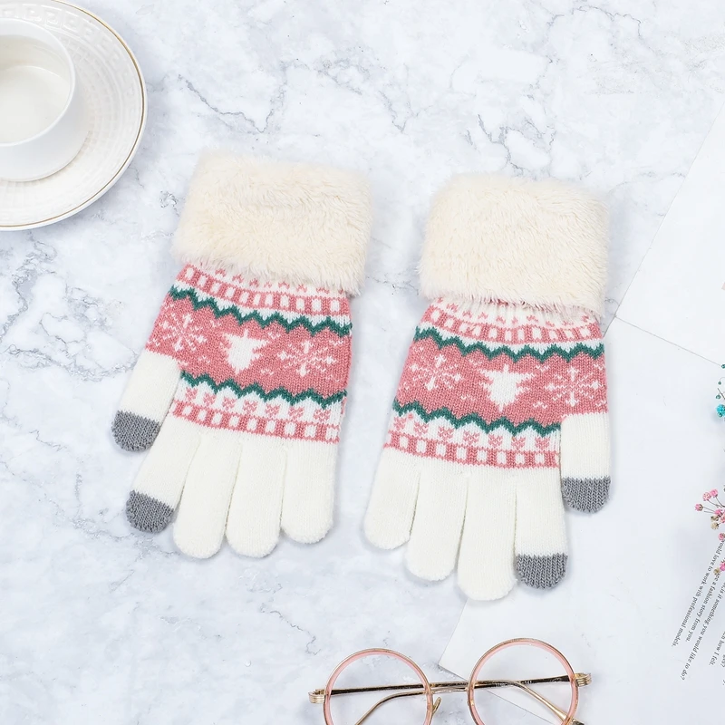 Вязаные перчатки женские зимние митенки для пальцев Женская винтажная новогодняя елка; Снег утолщенный сенсорный экран дамские перчатки теплые Luvas