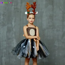 Рождественский костюм северного оленя для девочек; детское платье-пачка с оленем и повязкой на голову; детский маскарадный костюм с животными; нарядное платье; наряд на Хэллоуин