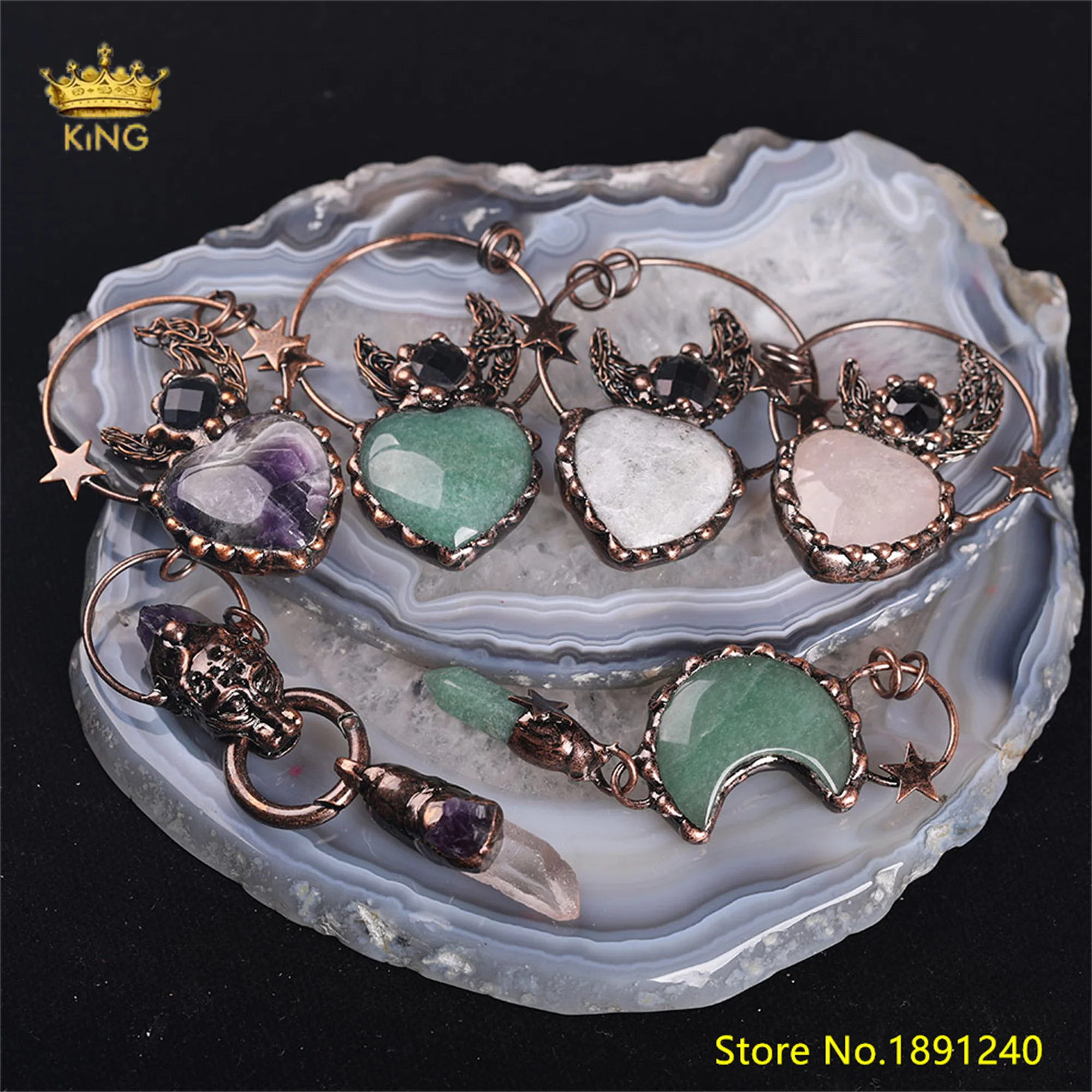 

King 5pcs Natural Crystal Moon/Heart Shape Crystal Necklace Dongling Stone Fashion Pendant Reiki Healing Friend Gift