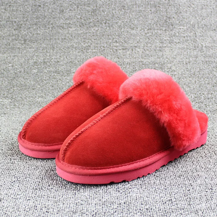 Новинка; зимняя обувь для пар; меховые домашние тапочки; женские теплые шерстяные тапочки из натуральной кожи; женская обувь; тапочки из кашемира и хлопка - Цвет: red