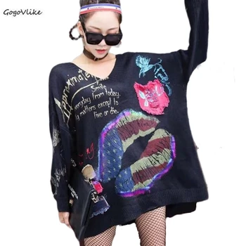 

Lip Print Harajuku Plus Size Knit Sweater Women Casual Long Sleeve Graffiti Gold Print Large Size Korean Jumper Autumn LT841S30
