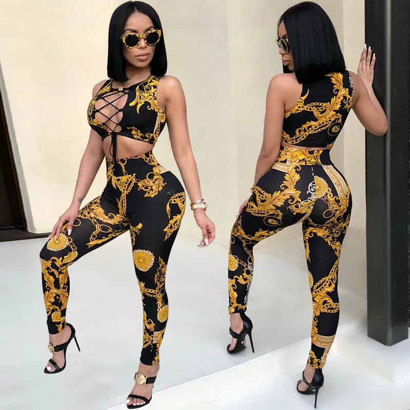 

Dashiki African Clothes Gold Chain Print Floral Lace Up Bandage Crop Tank Top and Pants 2 Piece Set Women Two Piece Outfits 2020