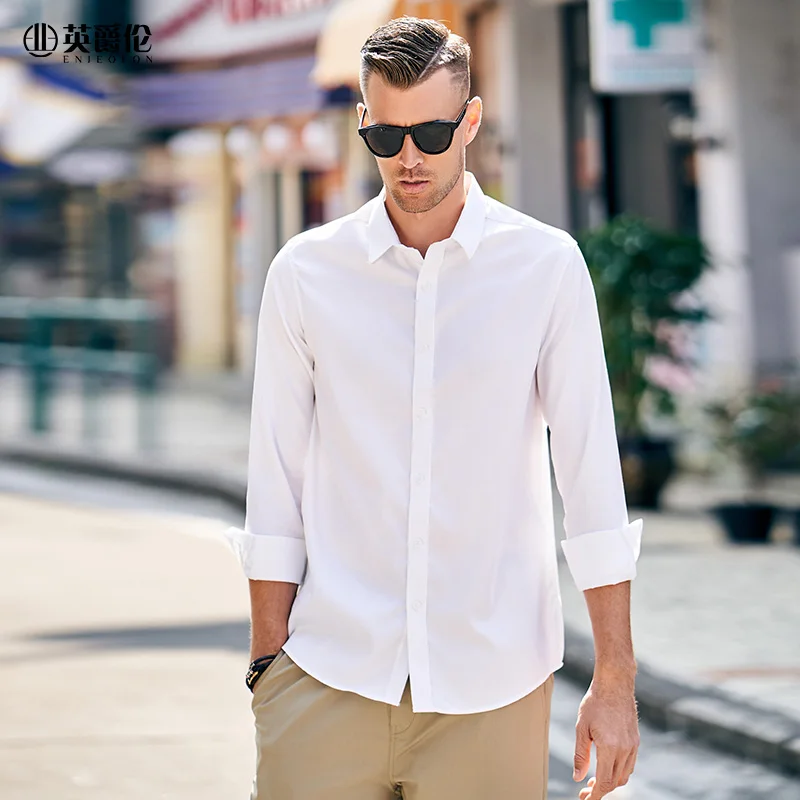 

Enjeolon Men Long Sleeved Shirt Autumn New Fashion Solid Color Casual white Shirt Men Tops C2307