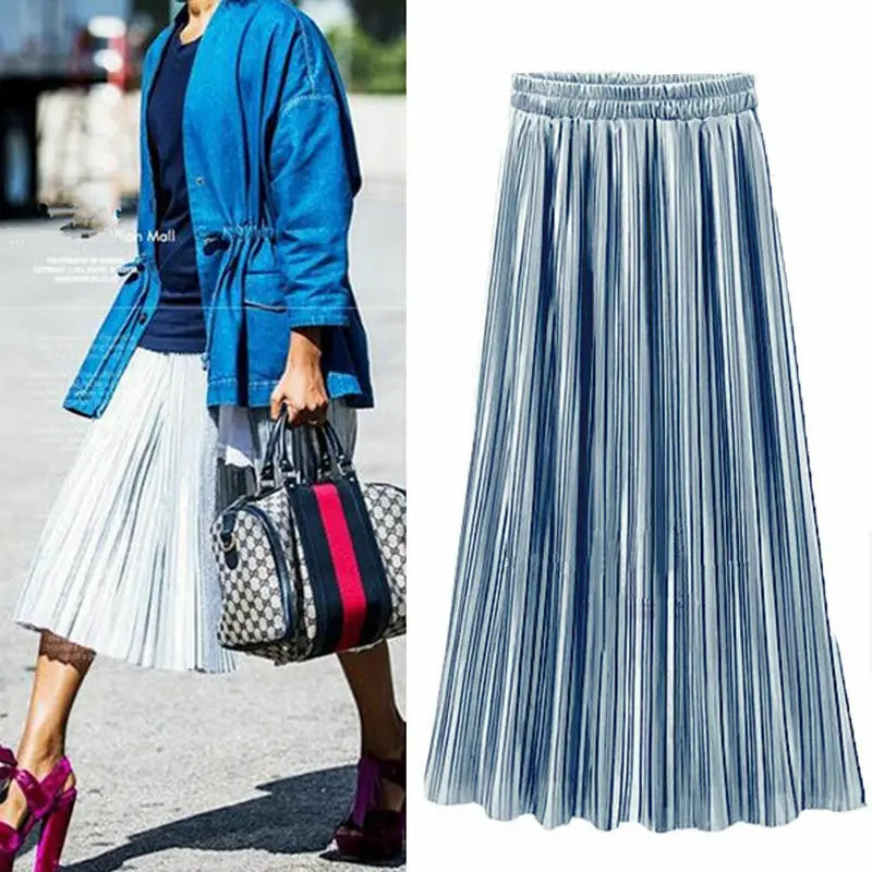 Spring Summer Pleated Skirt Womens Vintage High Waist Skirt Solid Long Skirts New Fashion Metallic Skirt Female Spring Summer Pleated Skirt Womens Vintage High Waist Skirt Solid Long Skirts New Fashion Metallic Skirt Female