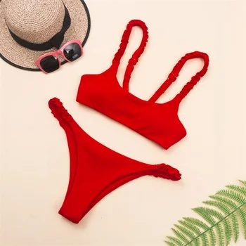 

2020 New Sexy Ribbed Bralette Bikini Women Scoop Neck Swimsuit Solid Red Color Swimwear S-L Girl Low Waist Beachwear Bikini Set