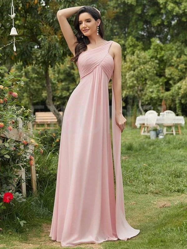 de dama de honor baratos para fiesta de boda Vestido largo de gasa, color rosa, debajo de los 50, Empire, un hombro, longitud el suelo|Vestidos para dama de honor| -